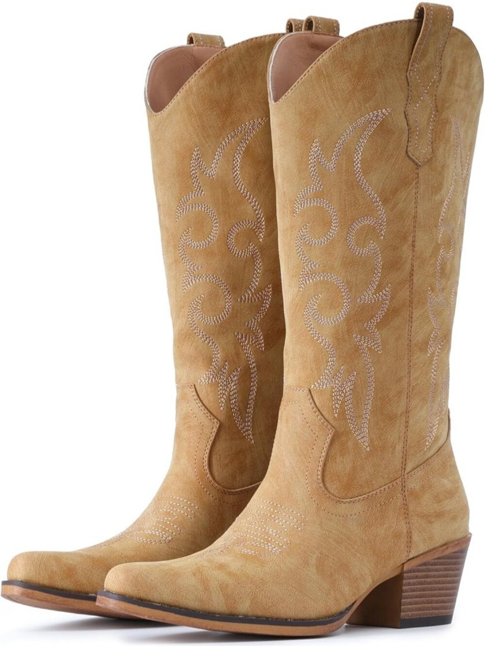 Women's Brown Rubber Western Classy Cowgirl Mid Calf Snip Toe Chunky Heel Boots